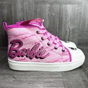 Barbie High Top Sneakers Kids Size 3 Pink White Glitter Script Print New